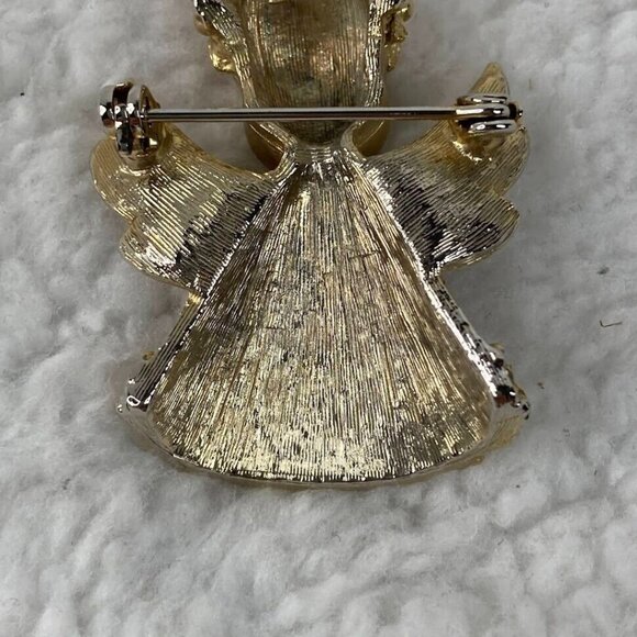 Vintage‎ Christmas Angel Brooch 2" Pin Gold Tone Red Green Rhinestones - Picture 10 of 10